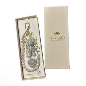 Eye Candy Bear & Heart Glitter Rhinestone Silver Keychain/Bag Charm NIB